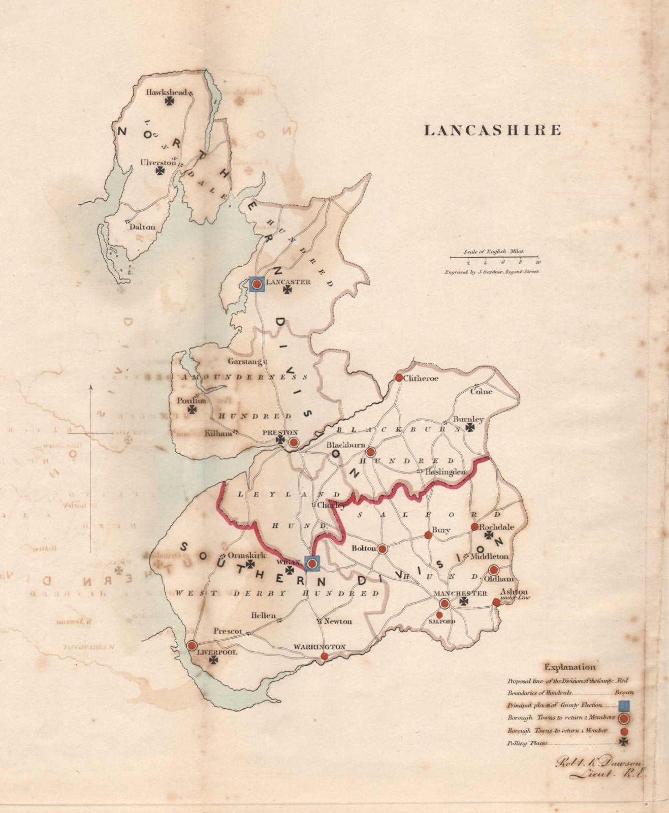 Lancashire county map. Divisions electoral boroughs. REFORM ACT. DAWSON 1832